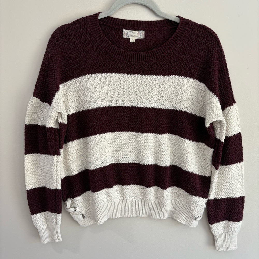 Pink Republic Women’s Waffle Knit Burgundy And Cream Striped Sweater Size Large
